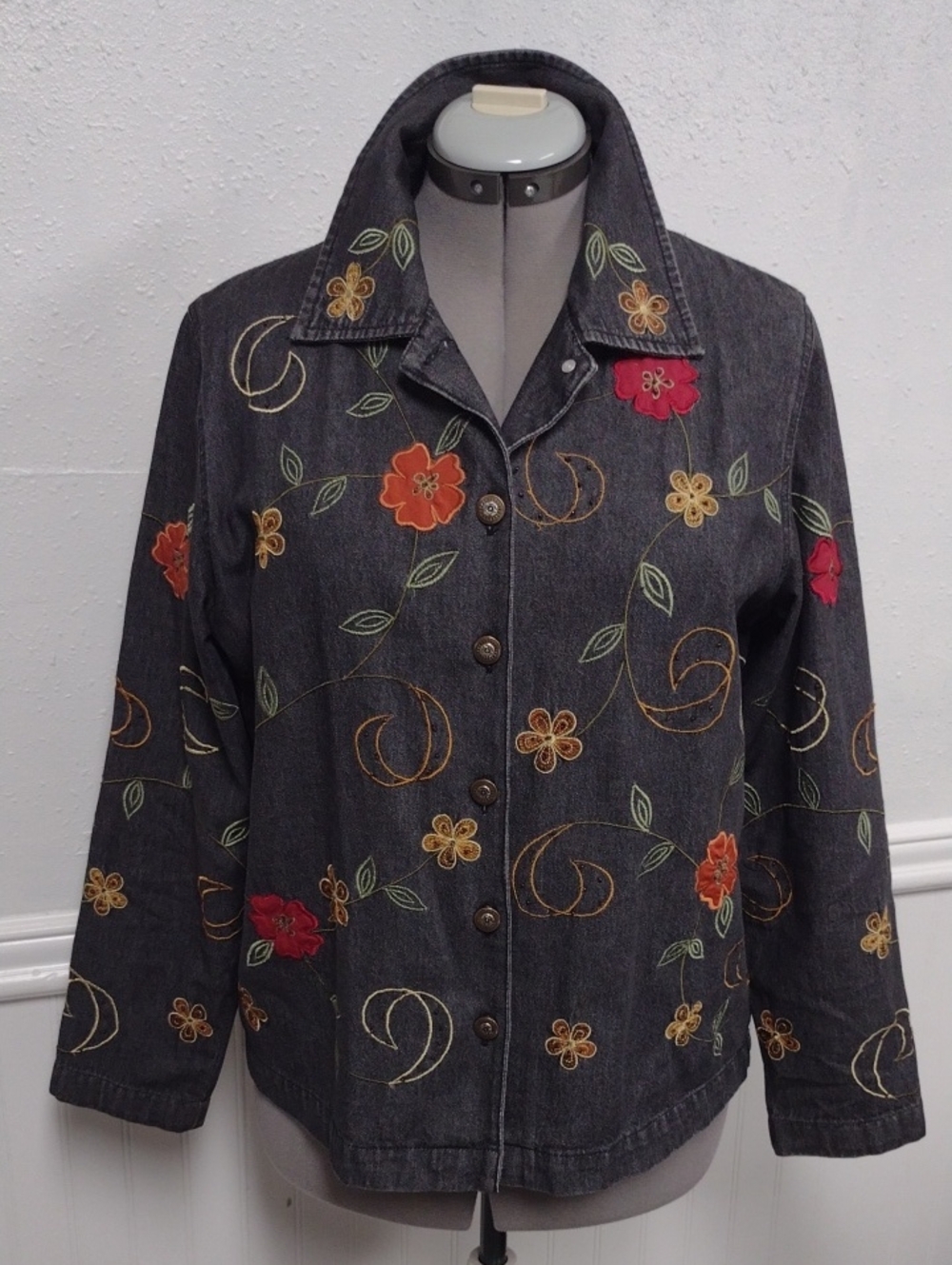 Studio Works Dark Gray Embroidered Floral Button-Up Jacket